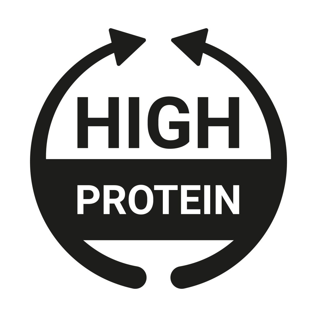 How Much High-Protein Do We Really Need? High protein sign. Food and diet icon to denote high protein content. Arrow symbol for products. Vector.