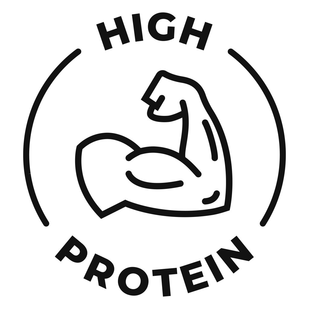 How Much Protein Do We Really Need? High protein icon. High protein label. Bodybuilding vector illustration for product packaging logo, sign, symbol or emblem isolated.